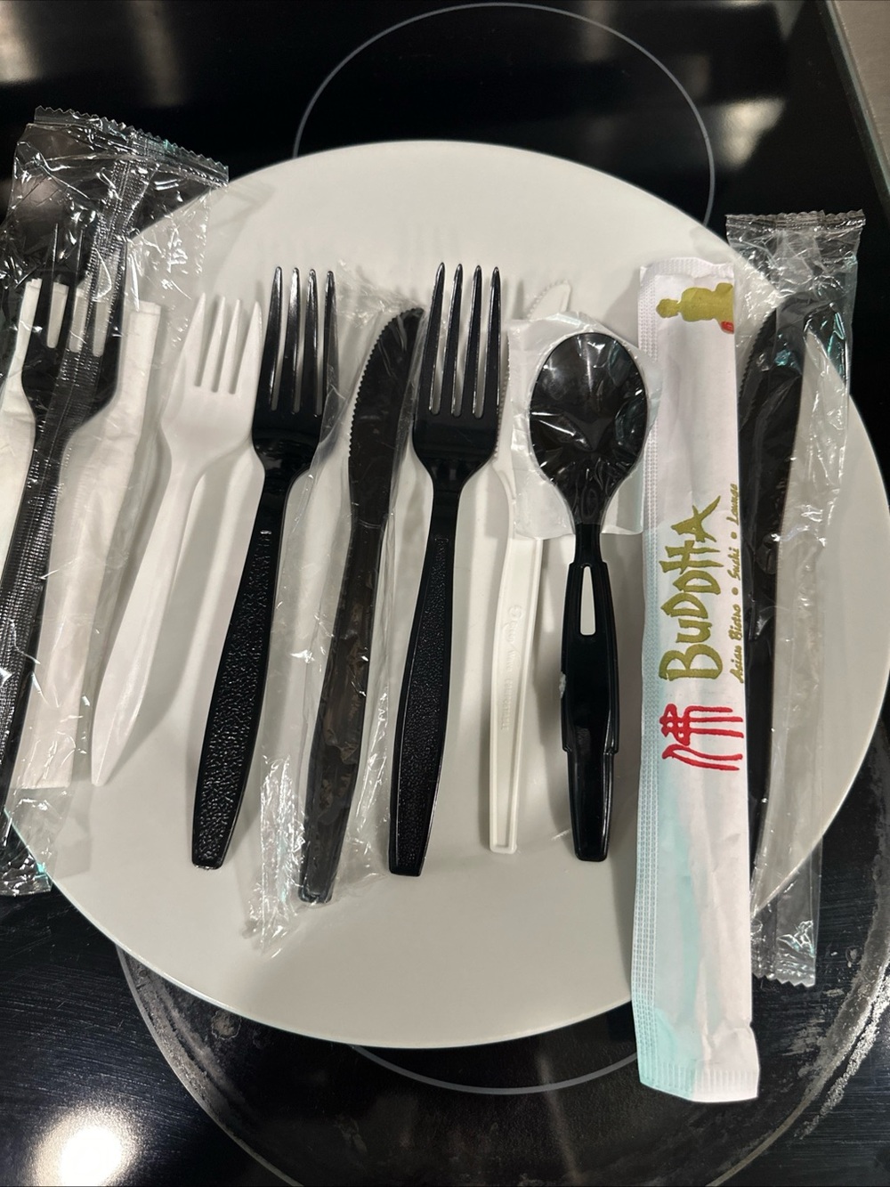 Lot Of 50 Plastic Disposable Take Out Silverware Spoons Forks Knifes Black White